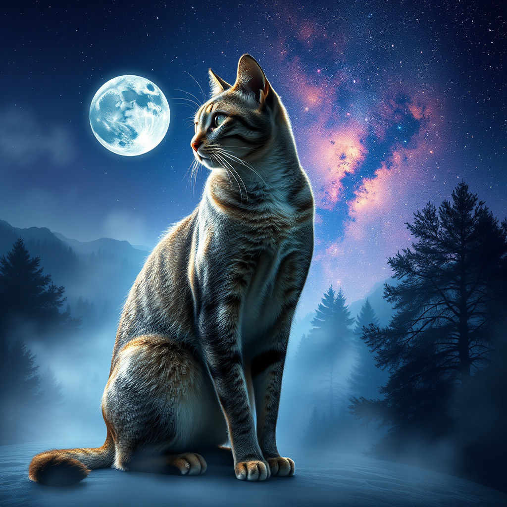 Cat with Forest and Nebula Double Exposure