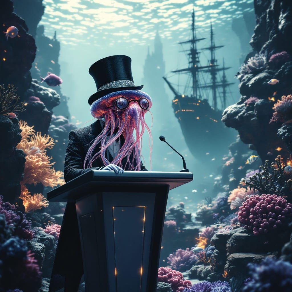 Jellyfish Gives TED Talk Underwater in Fantasy Concept Art