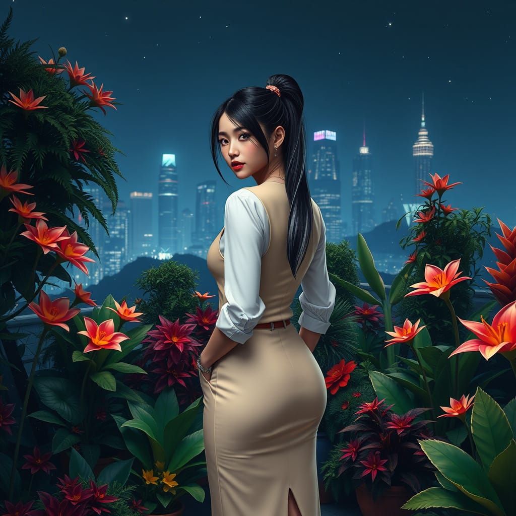 Ethereal Nighttime Goddess in Lush Rooftop Garden