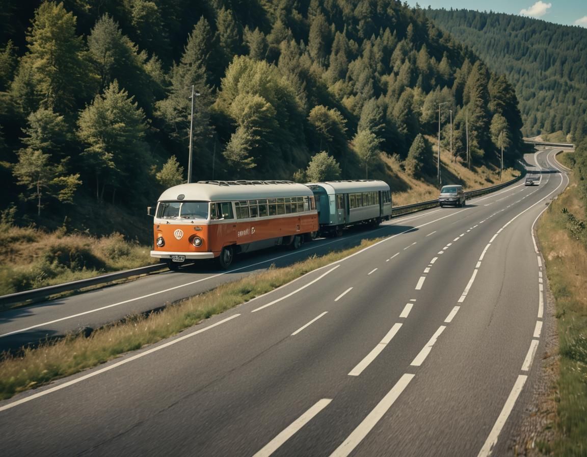 Volkswagen Bus Train on French Motorway: Cinematic Film Stil...