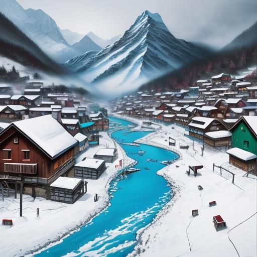 Mountain Village Under Snow in Graffiti Art Style