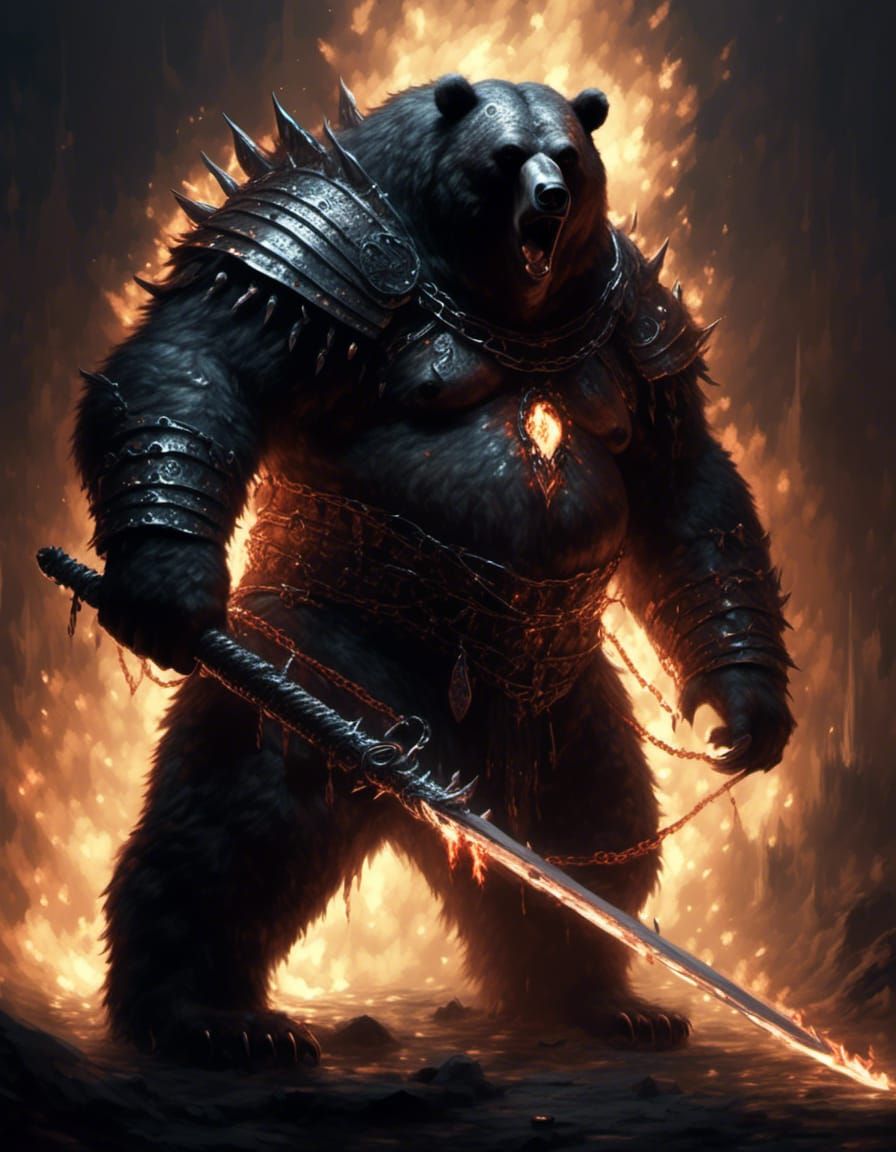 Shadow Barbarian Grizzly Bear Portrait with Flaming Greatswo...