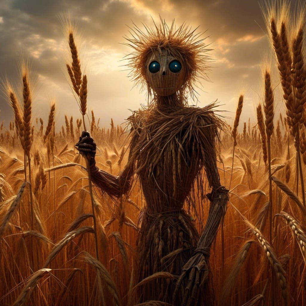 Mysterious Scarecrow in Spooky Wheat Field