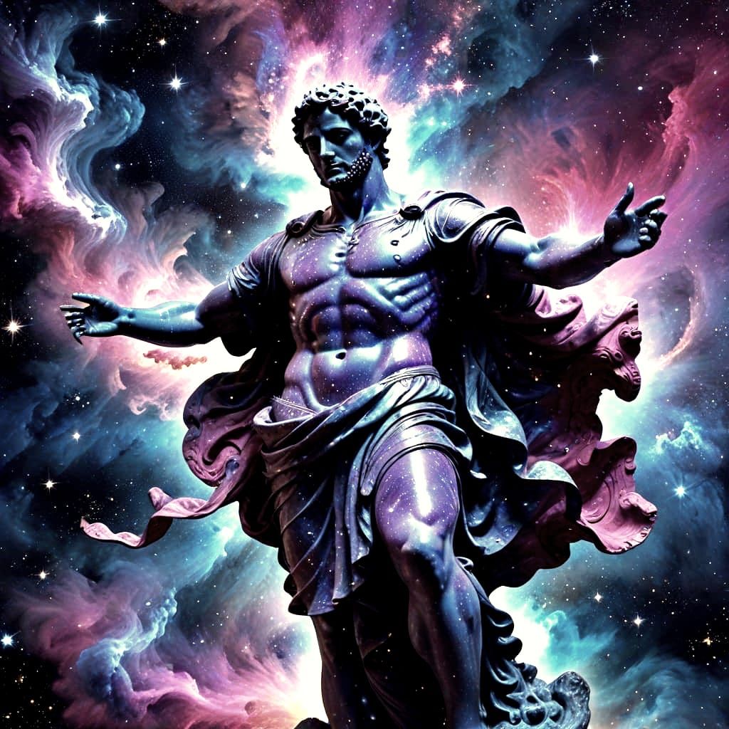 Divine Energy Forms Fragmented Roman Statue in Nebula