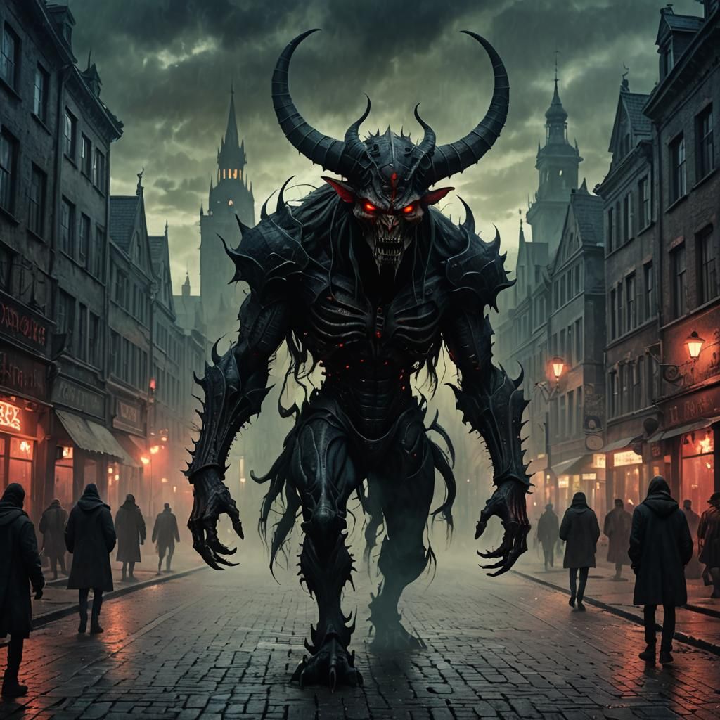 Ominous Demon Walks in Misty Town Square