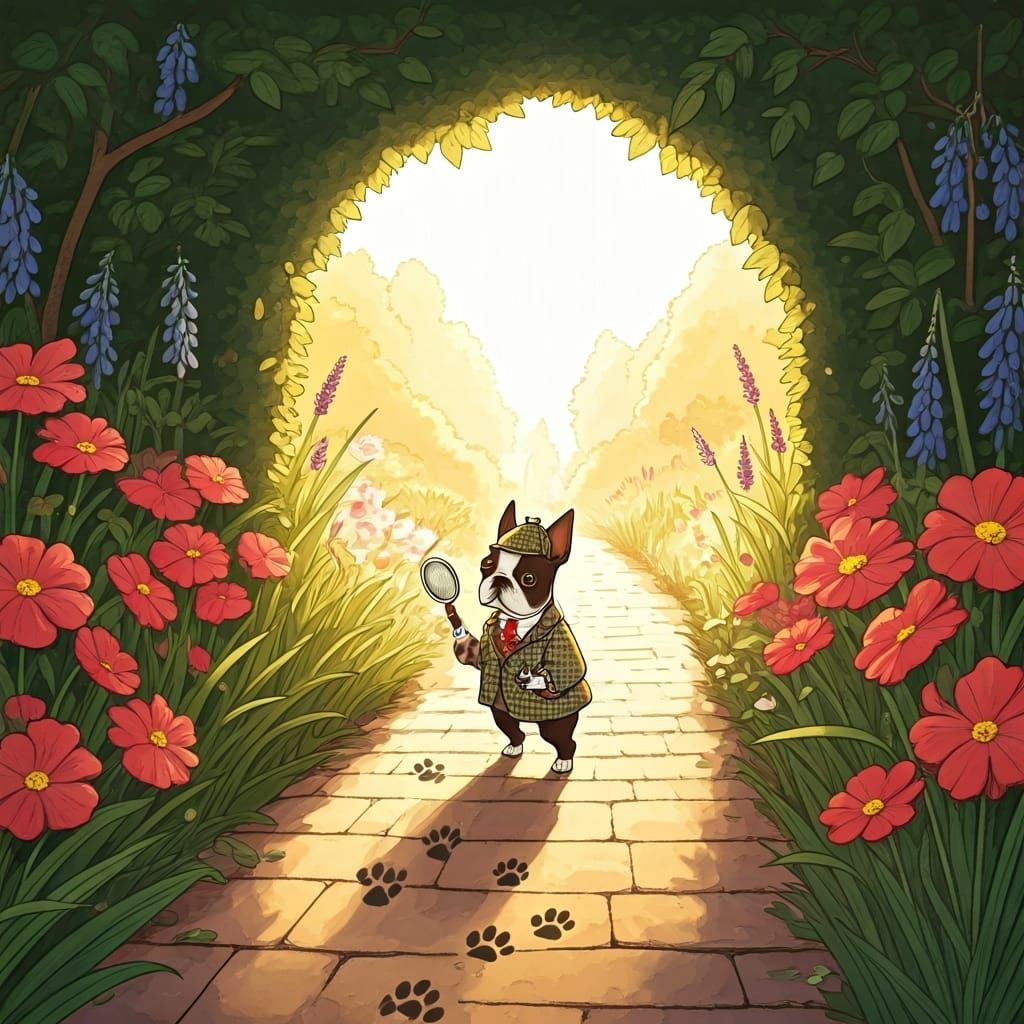 Boston Terrier Detective Investigates in Storybook Garden