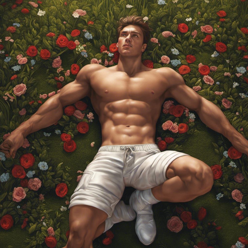 Hyperrealistic Ground-Level View of Shirtless Young Man