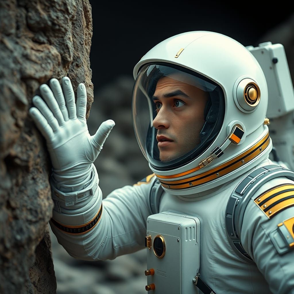Astronaut Touches Alien Rock, Surrealist Sci-Fi Art
