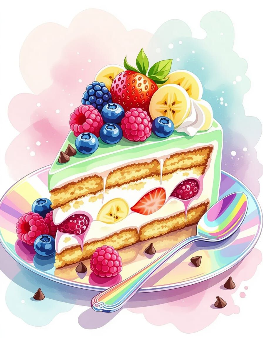 Mint Chocolate Tiramisu Cake Slice with Berries and Spoon