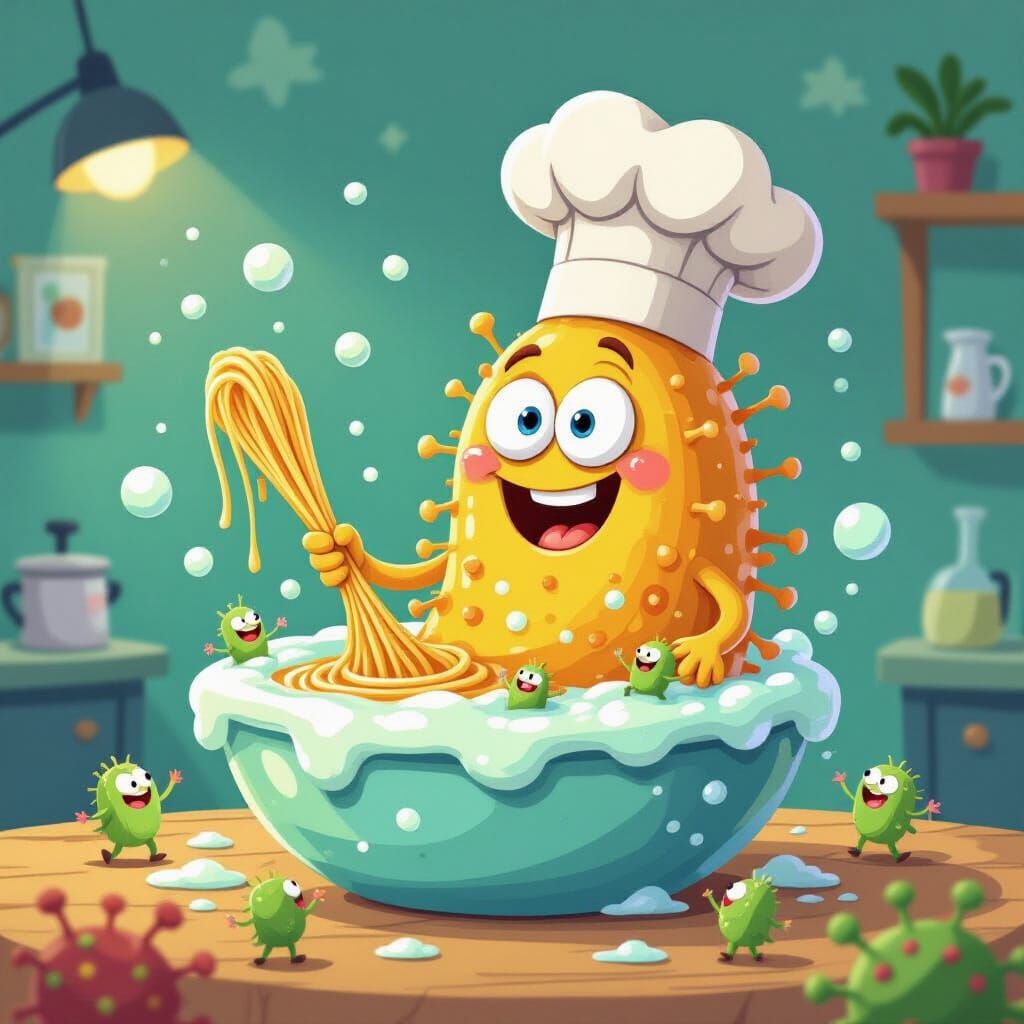Whimsical Bacterium Chef Cooks in Bubbling Droplet Cartoon