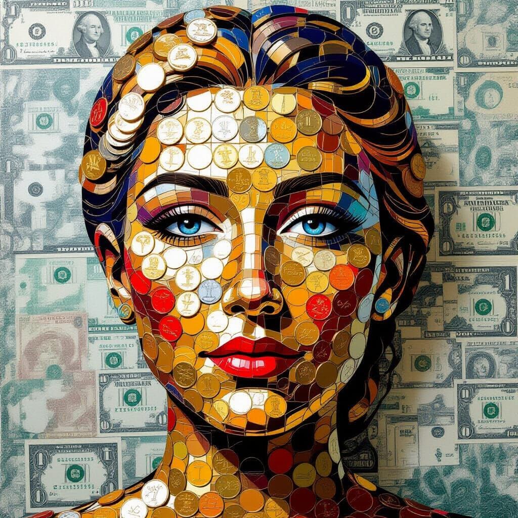 Surreal Face Crafted from Coins and Money Bills