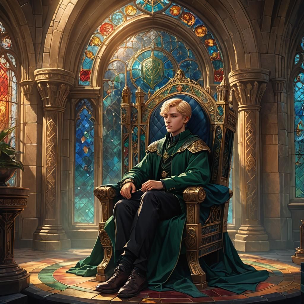 Slytherin Boy in Hogwarts Throne Room: Digital Art