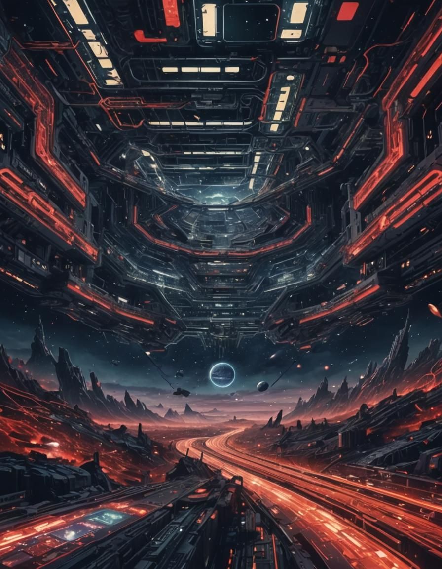 Dystopian Spaceship in Deep Space: Digital Illustration