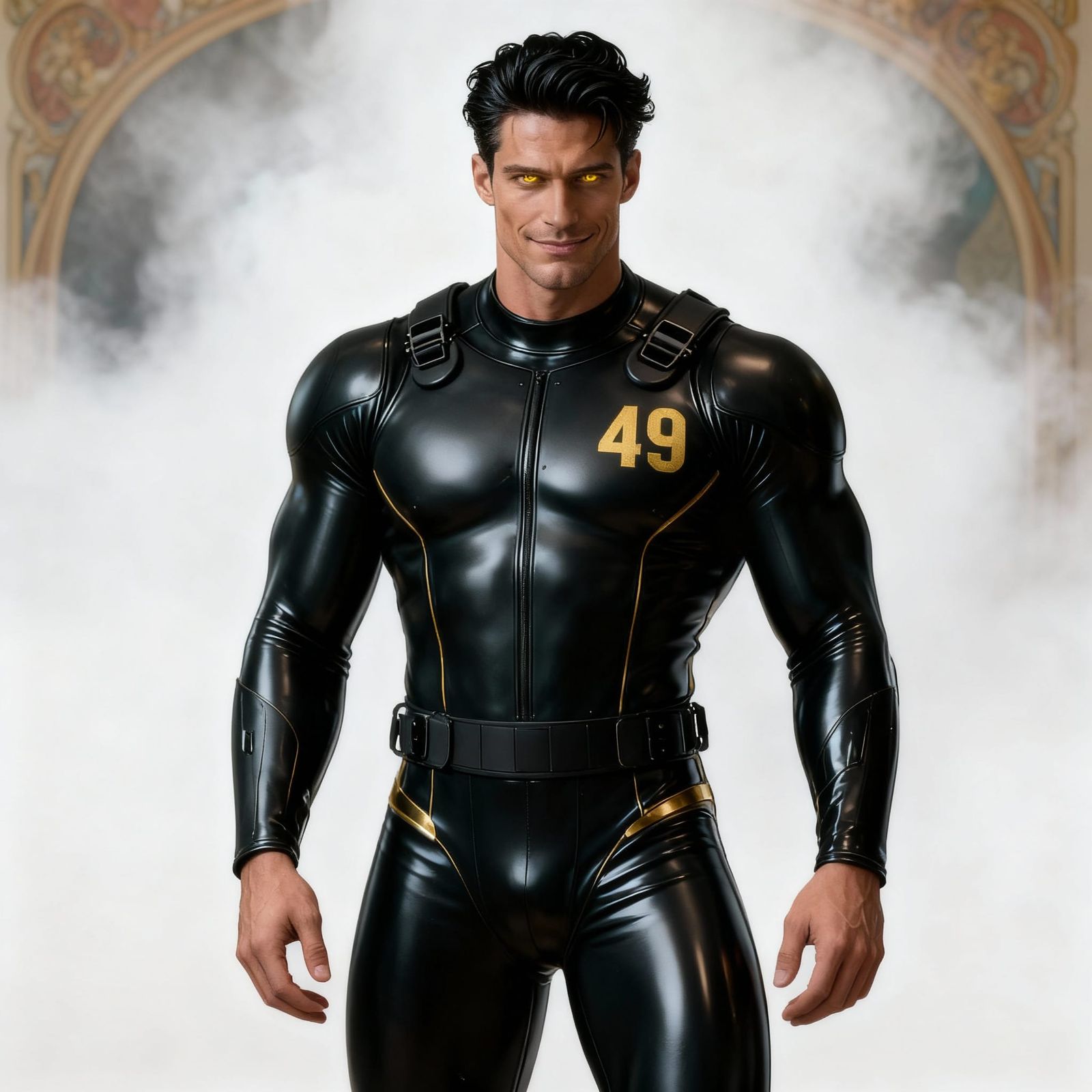 Muscular Man in Shiny Rubber Suit with Gold Accents