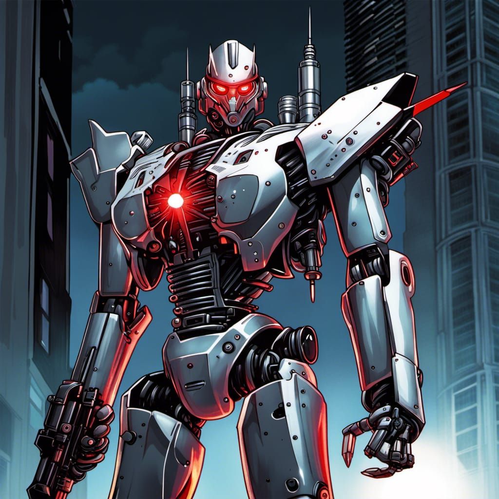 Anime Style Robot with Minigun Arms and Red Eye