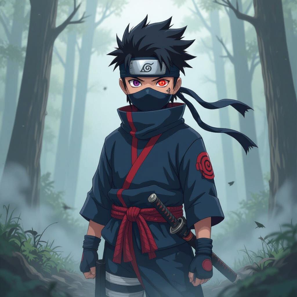 Ninja with Sharingan Eyes in Misty Forest: Manga Art