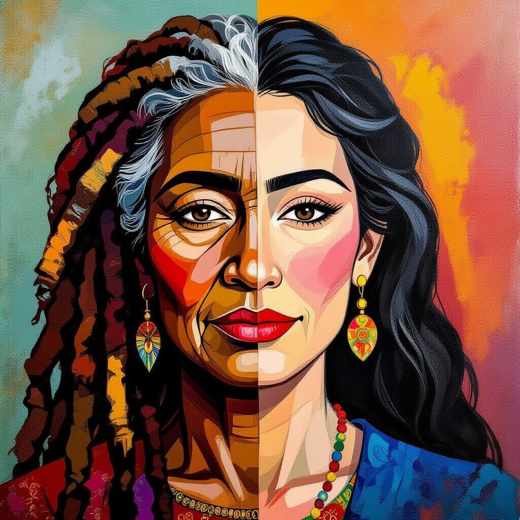Multi-Ethnic Faces Portrait in Frida Kahlo Style