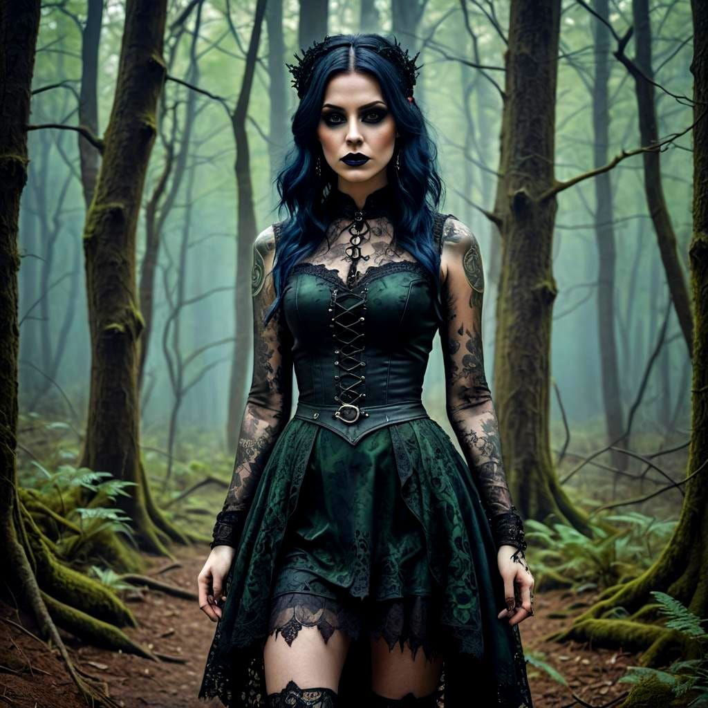 Beautiful Goth Woman in Hazy Forest: Oil Painting