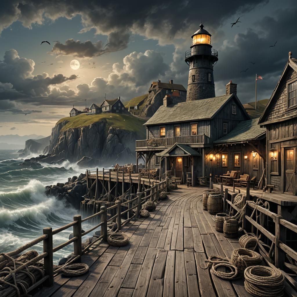 Moonlit Fisherman's Tavern on Wharf as Matte Painting
