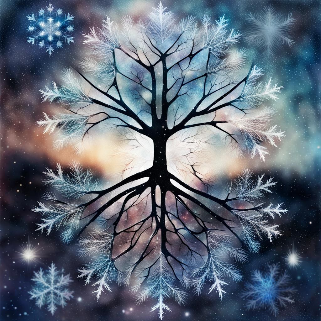 Cracked Glass Tree: Galaxy Snowflake Double Exposure