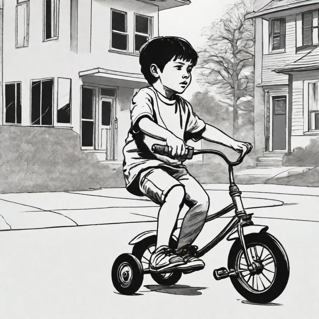 Boy on Tricycle Line Drawing with Motion Effect