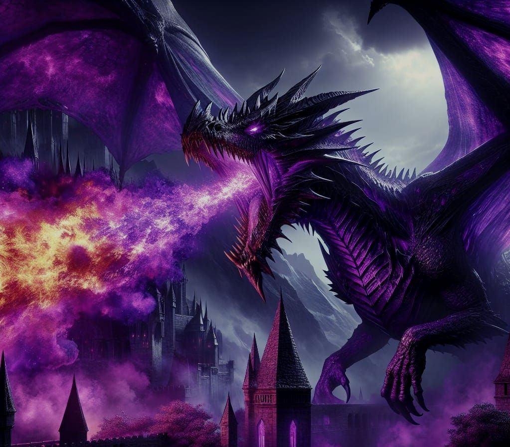 Violet Dragon Unleashes Purple Fire on Castle