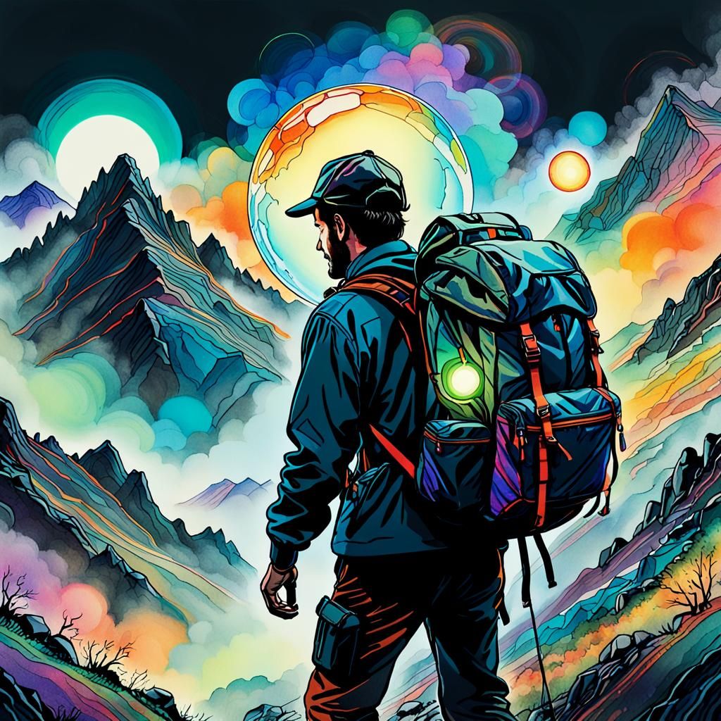 Abstract Expressionist Hiker in Misty Mountains