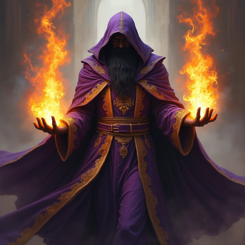 Black Wizard Conjuring Flames in Hyperrealistic Style