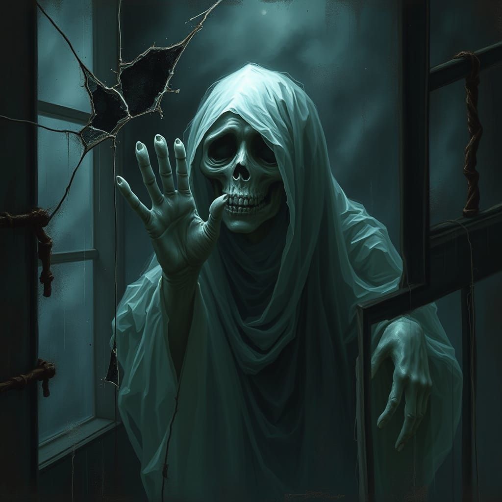 Ethereal Ghost Cries Out Through Broken Window on Dark Storm...