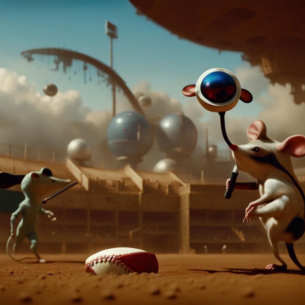 Alien Mice Play Baseball in Surreal Style
