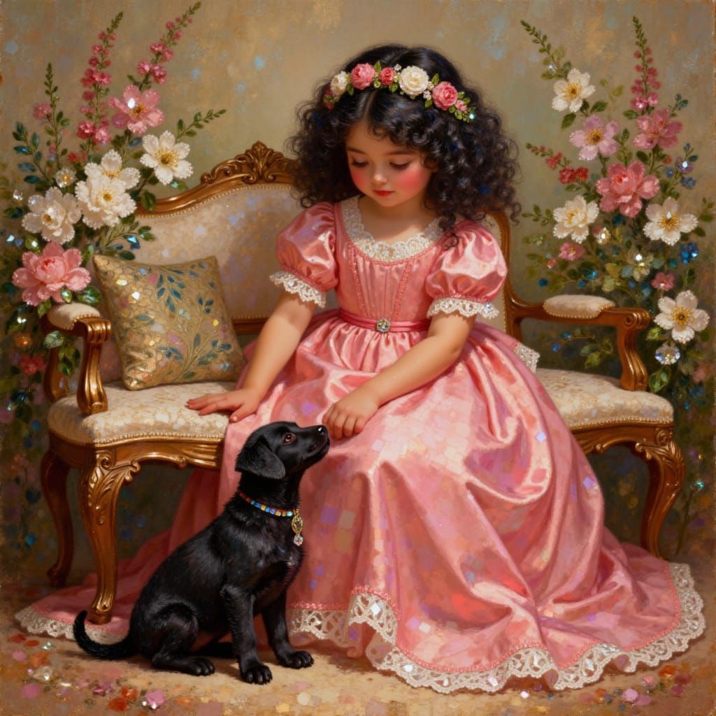 Romantic Painting of Girl on Bench with Puppy