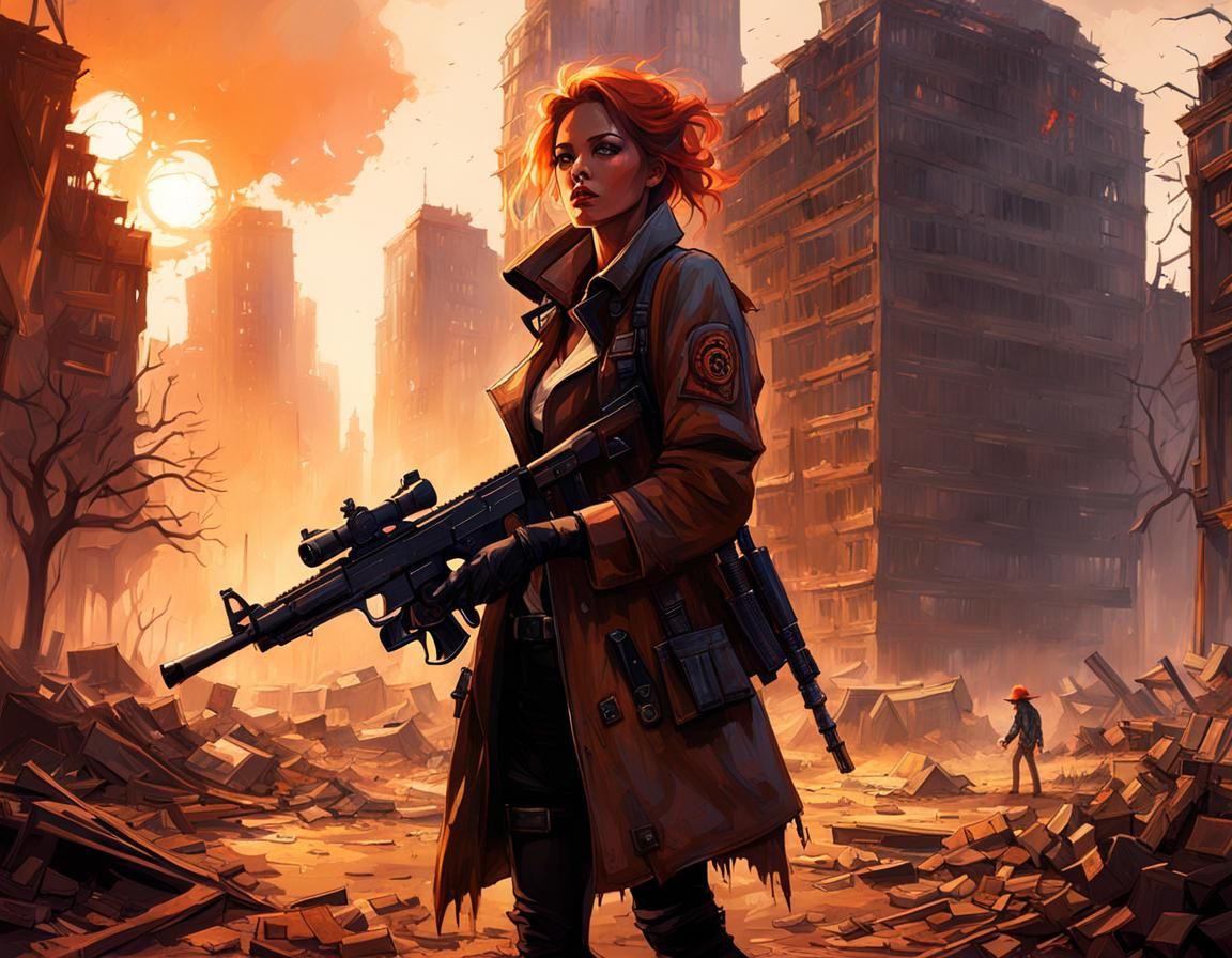 Woman Aims Gun in Post-Apocalyptic Cityscape
