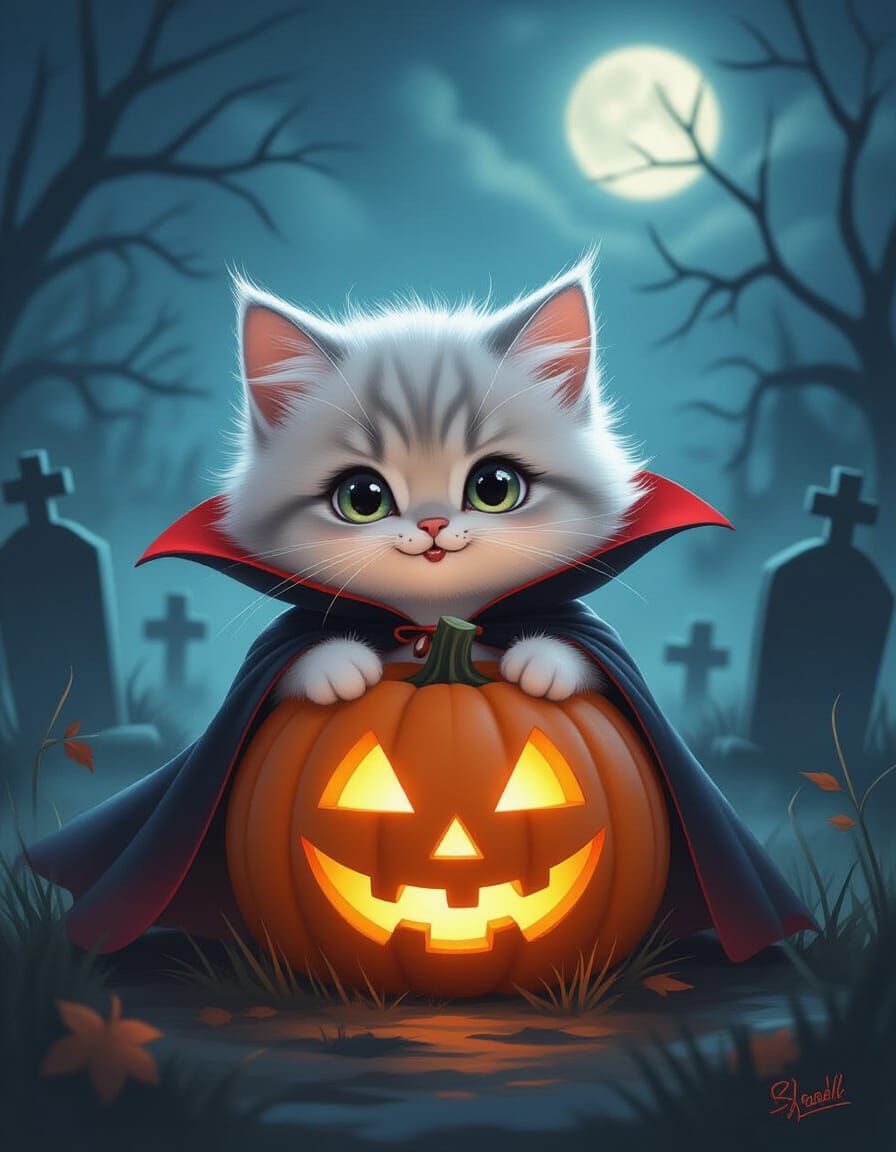 Adorable Vampire Cat in Moonlit Graveyard