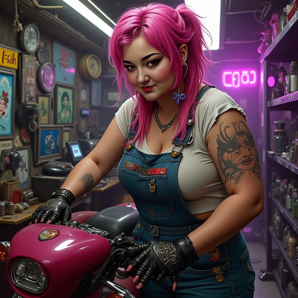 Cyberpunk Mechanic Repairs Hoverbike in Neon Workshop