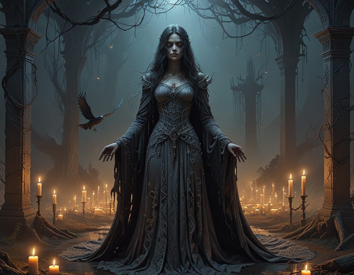 Dark Magician Woman in Gothic Silver Wedding Dress, Invoking...