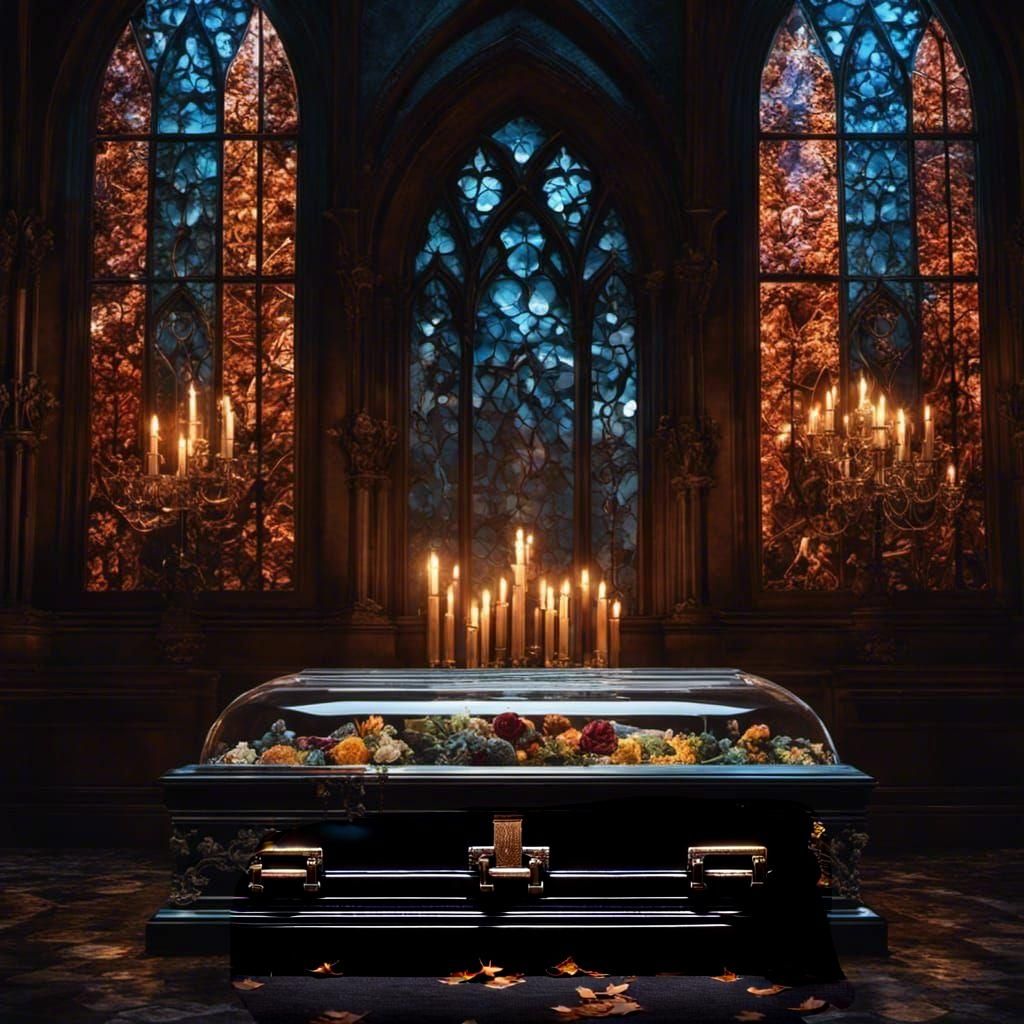 Crystal Coffin in Gothic Crypt with Black Dog