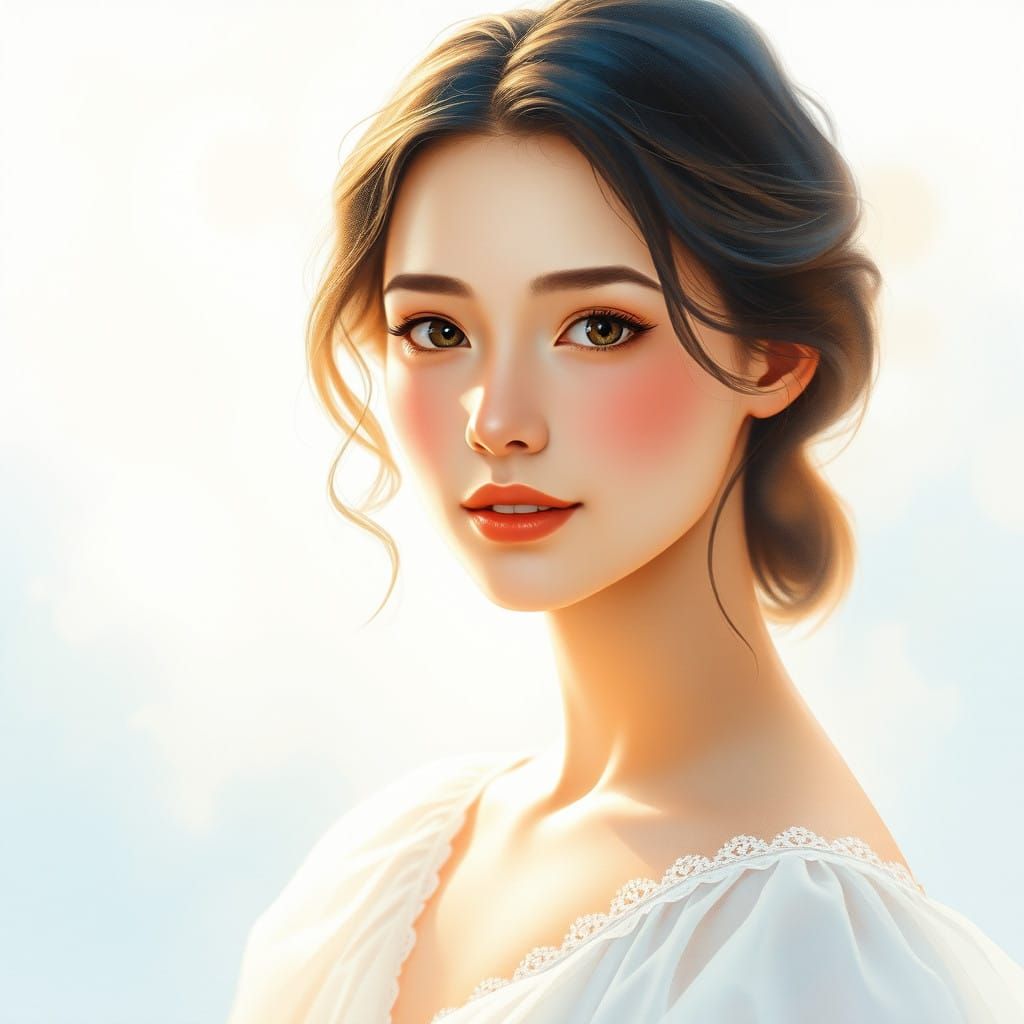 Serene Woman Embodies Love in a Dreamy Watercolor Style