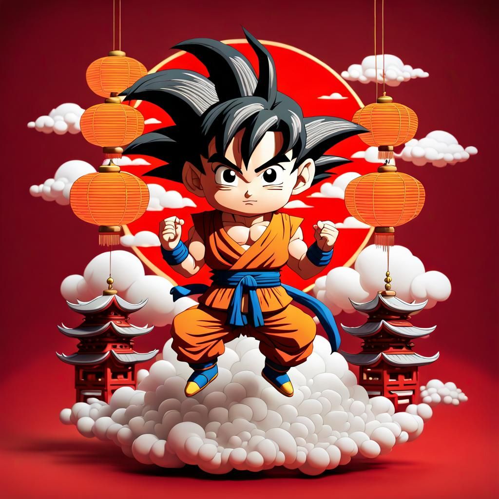 Chibi Goku on Flying Nimbus in Anime Style