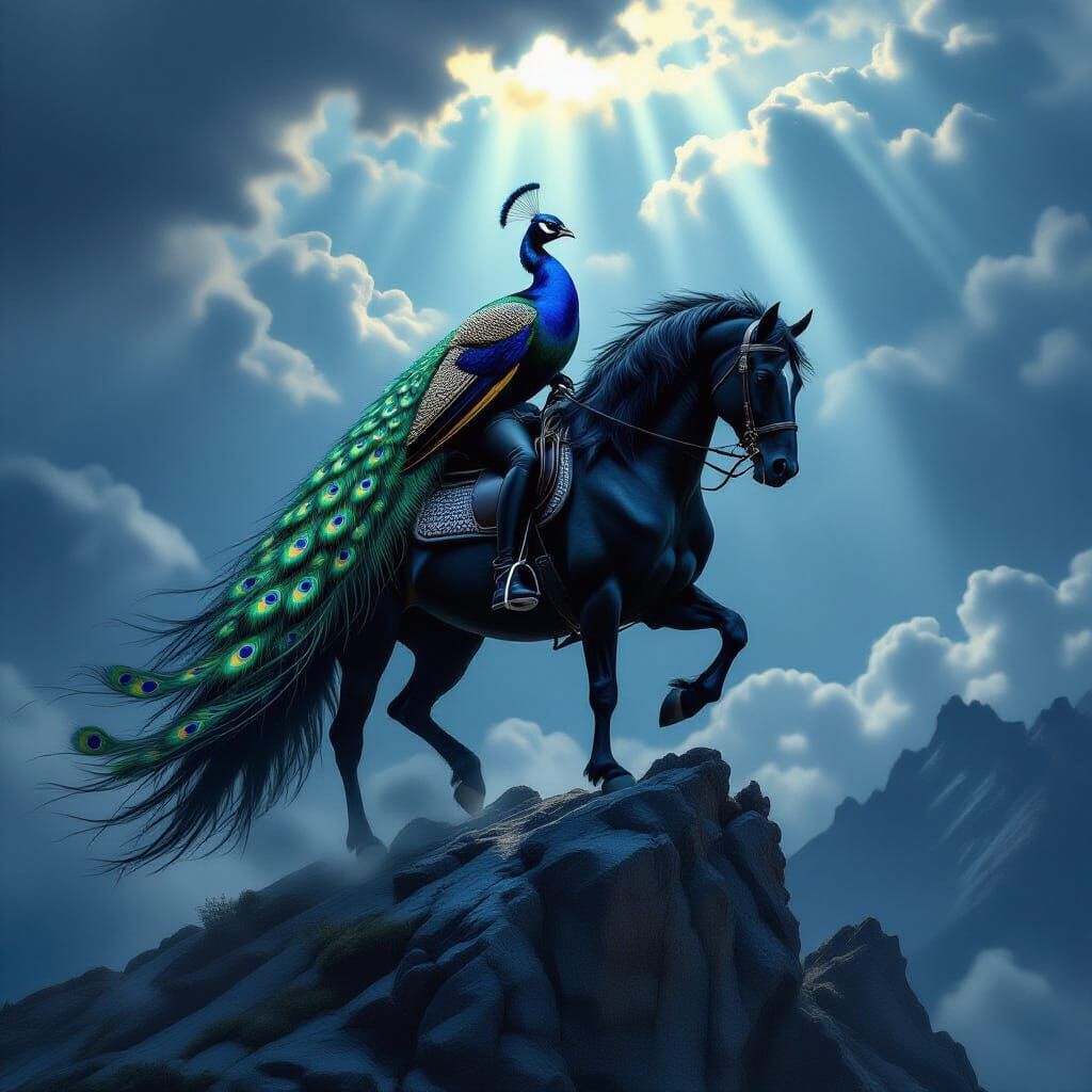 Peacock Rides Stallion on Mountain Peak