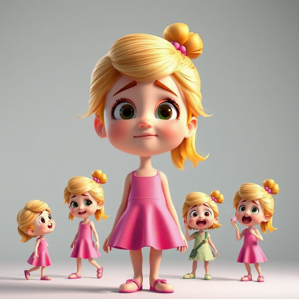 Girl with Four Emotions: 3D Pixar Cartoon