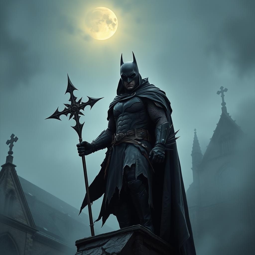 Medieval Gothic Batman on Ruined Cathedral