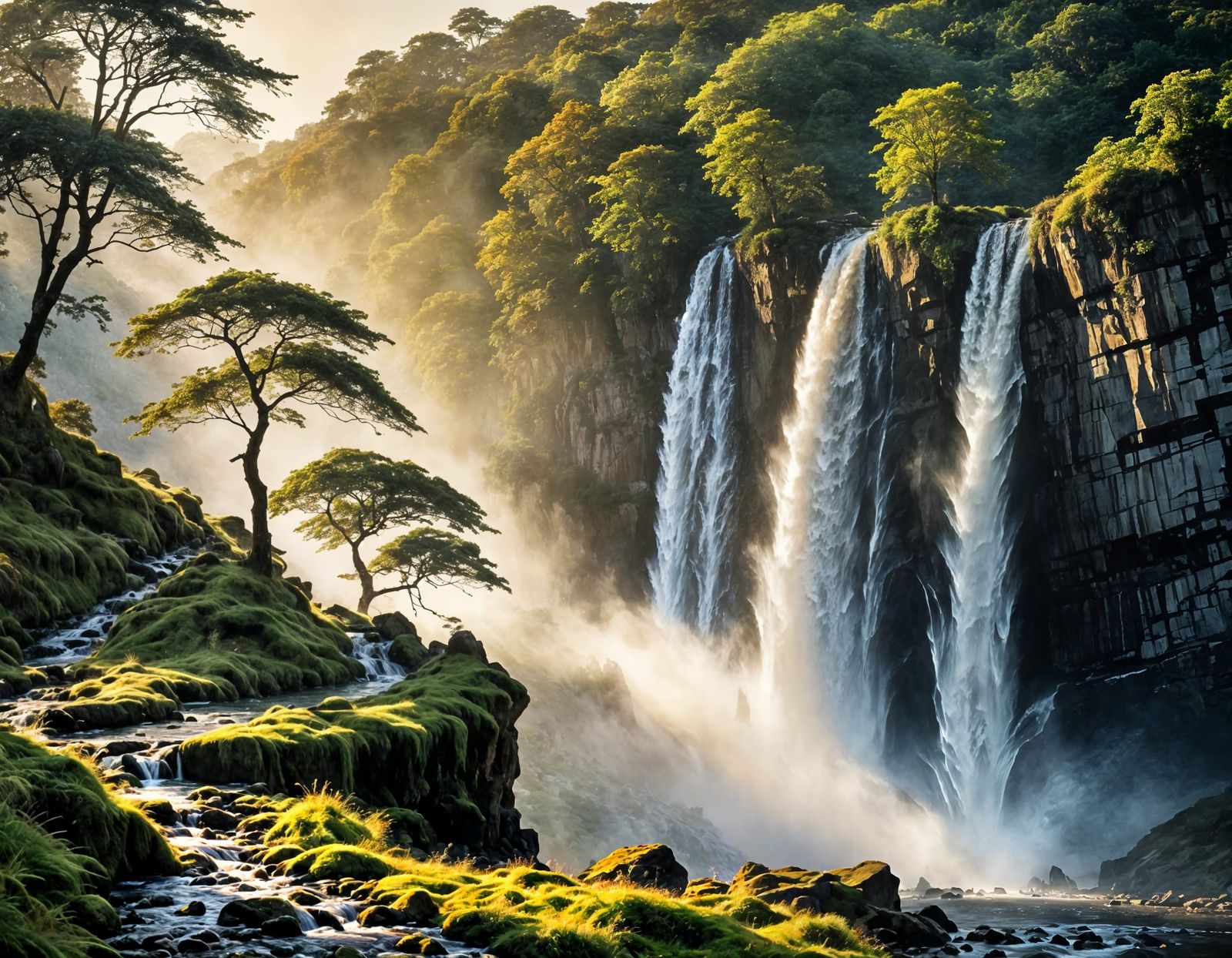 Sunrise Waterfall in Foggy Valley: Watercolor Style