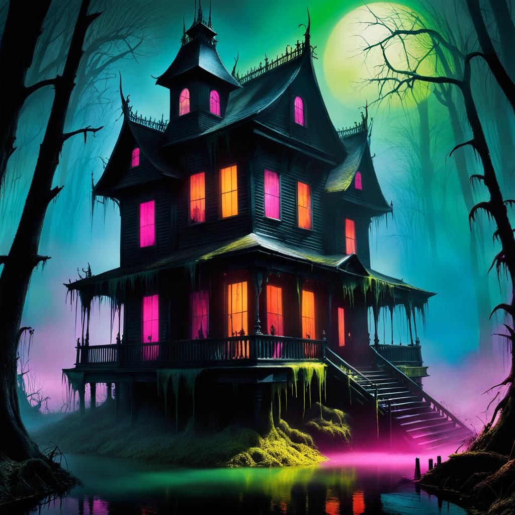 Neon Fantasy Swamp House in Watercolor Style