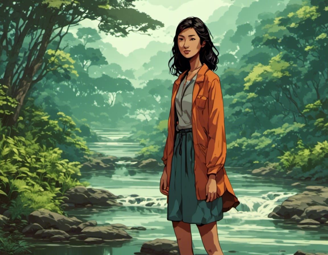 Rainforest Creek Illustration in Coloring Book Style