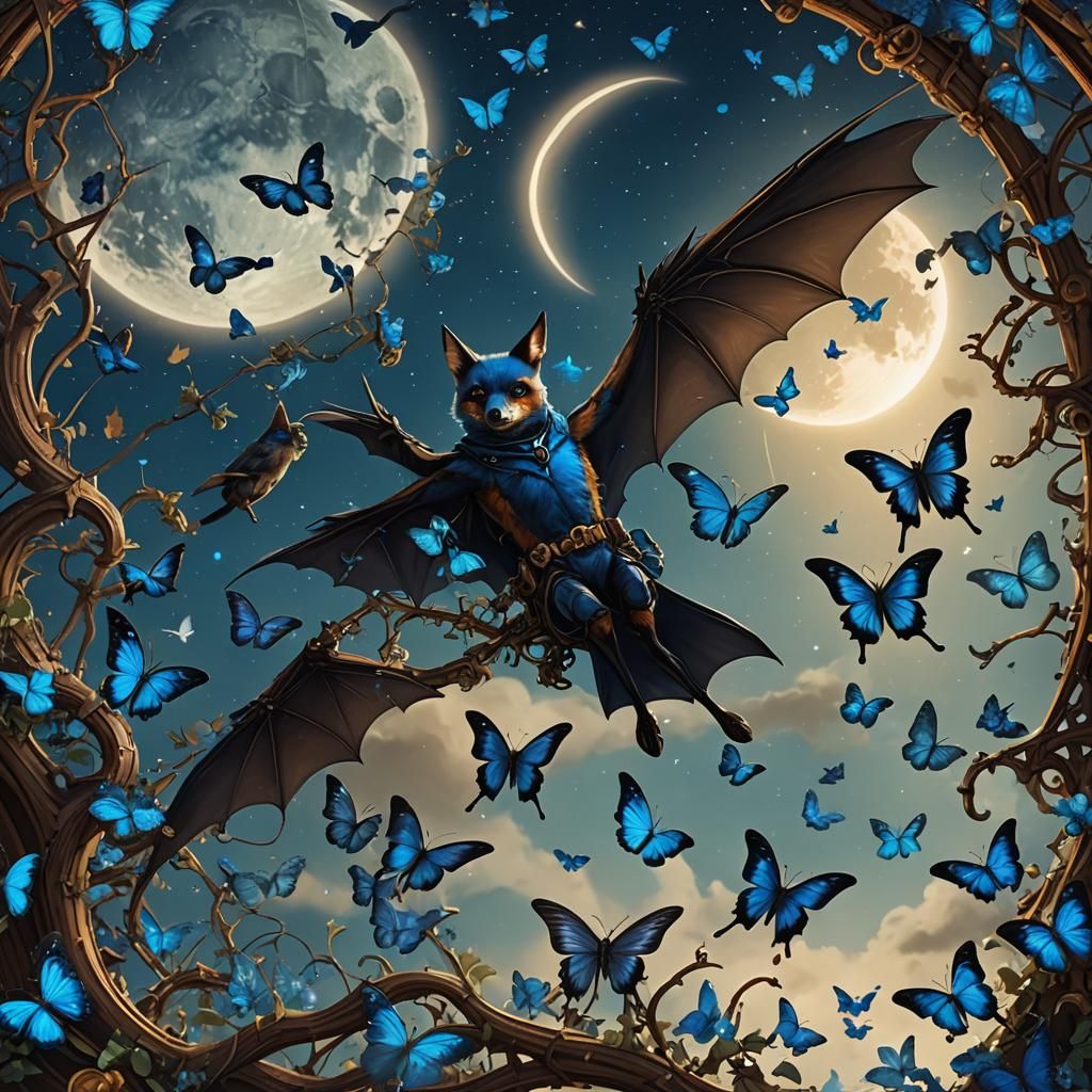 Steampunk Flying Fox with Blue Butterflies