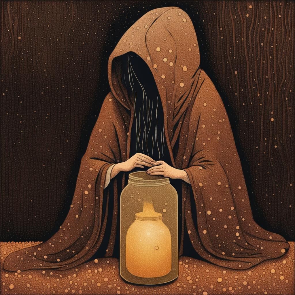 Weeping Woman with Jar in Pointillist Naive Art