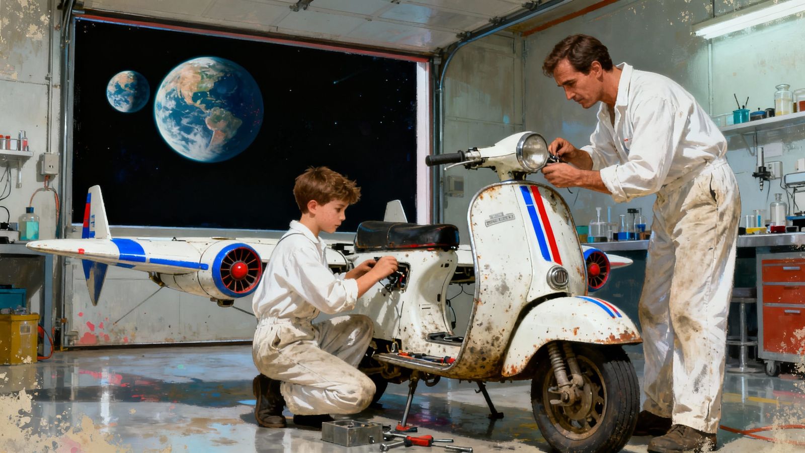 Father and Son Repairing Futuristic Flying Scooter
