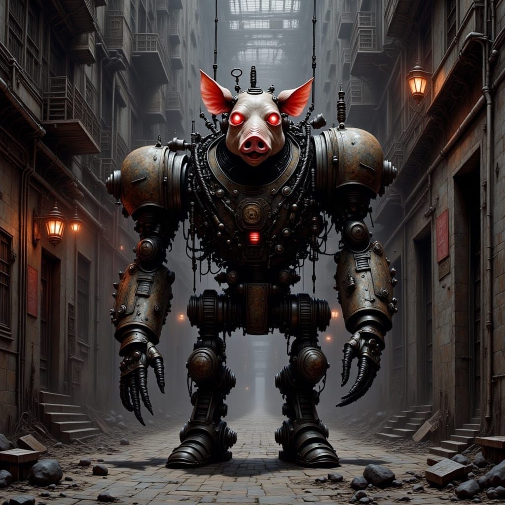 Steampunk Robot Pig in Dark Alley, Biomechanical Style