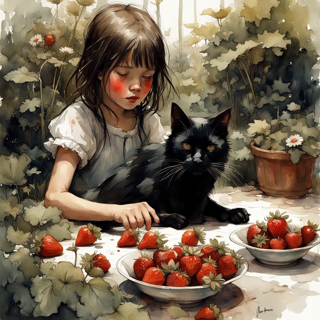Girl and Cat in Garden, Watercolor Masterpiece