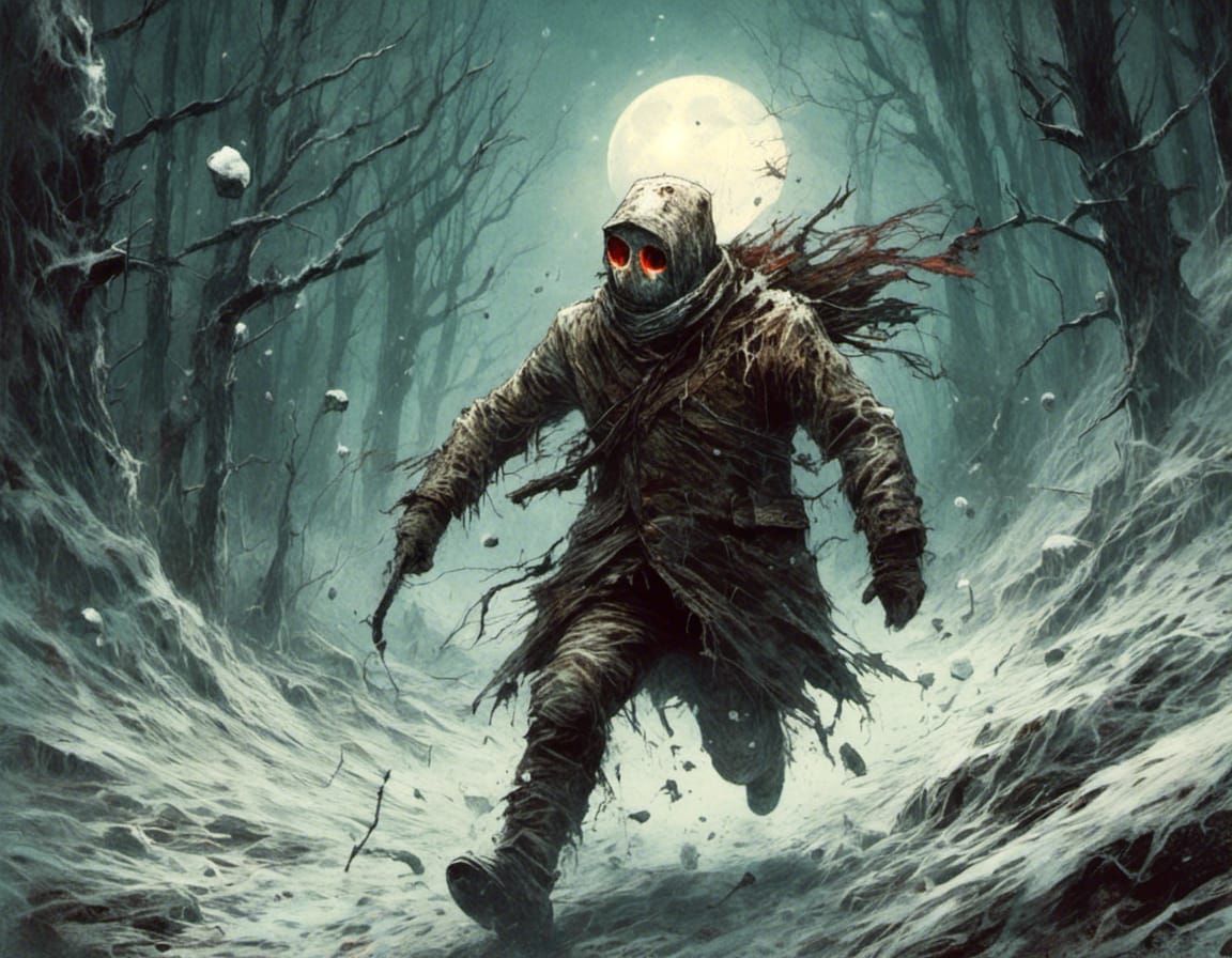 <lora:Macabre:1.0> A snowman running away from the sun.